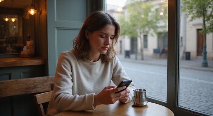Een vrouw scrollt op haar smartphone in een gezellig café