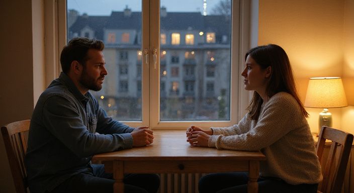 Twee volwassenen hebben een ontspannen gesprek in een knusse kamer. Twee volwassenen hebben een ontspannen gesprek in een knusse kamer.