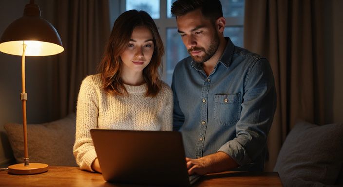 Een vrouw en een man boeken een hotelkamer op een laptop. Een vrouw en een man boeken een hotelkamer op een laptop.