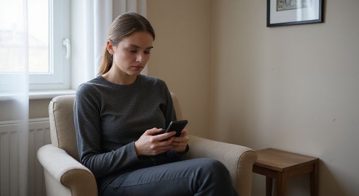 Een vrouw in een hotelkamer scrollt geconcentreerd op haar smartphone. Een vrouw in een hotelkamer scrollt geconcentreerd op haar smartphone.