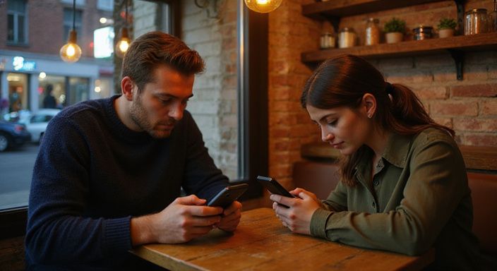 Een jong stel is verdiept in hun smartphones in een café. Een jong stel is verdiept in hun smartphones in een café op zoek naar sexcontact in Luxemburg.