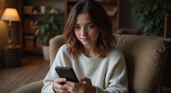 Vrouw scrollt op smartphone in comfortabele, sfeervolle kamer. Vrouw scrollt op smartphone in comfortabele, sfeervolle kamer en wil sexcontact in Luxemburg.