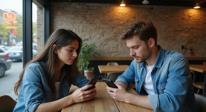 Twee jonge mensen zitten tegenover elkaar en scrollen op smartphones. Twee jonge mensen zitten tegenover elkaar en scrollen op smartphones op zoek naar sexcontact in Luxemburg.