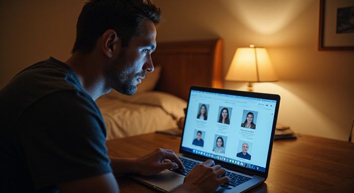 Een man scrollt aandachtig door datingsites op zijn laptop.