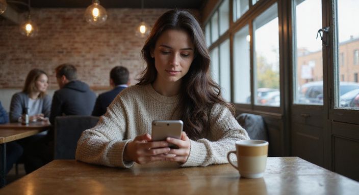 Een vrouw scrollt ontspannen door een dating-app in een koffiehuis.
