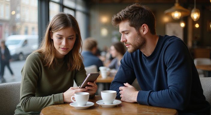 Een vrouw en man hebben een gesprek over sexcontact in Namen tijdens hun eerste ontmoeting in een café.