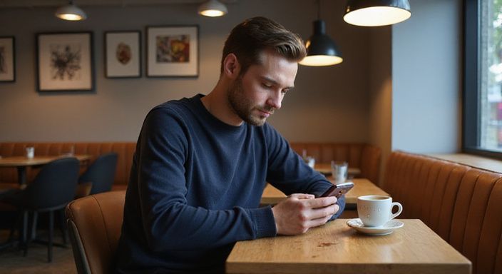 Een man in een café kijkt geconcentreerd naar zijn smartphone.
