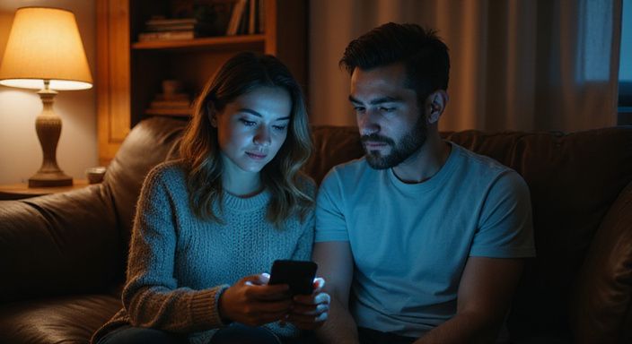 Een man en vrouw browsen samen op hun smartphone op de bank op zoek nar sexcontact in Namen.