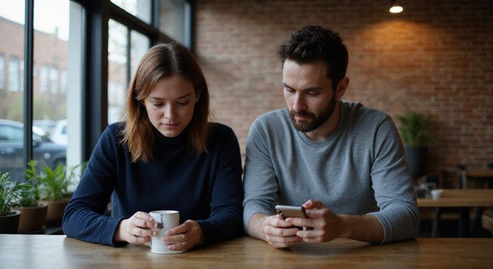 Een stel in een café kijkt naar hun smartphones aan tafel