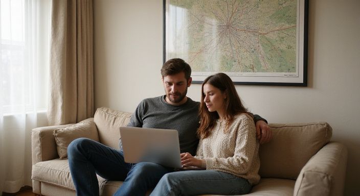 Een man en vrouw zitten samen geconcentreerd op een laptop en zoeken naar sexcontact in Namen.