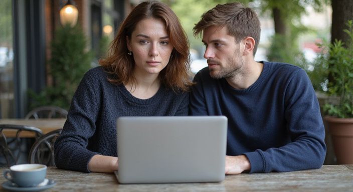 Een vrouw en man bespreken iets serieus aan een café tafel.