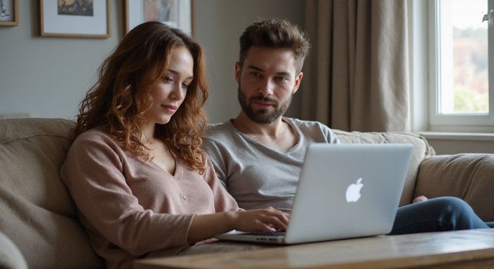 Een vrouw en een man zitten samen op een bank met een laptop op zoek naar sexcontact in Namen.