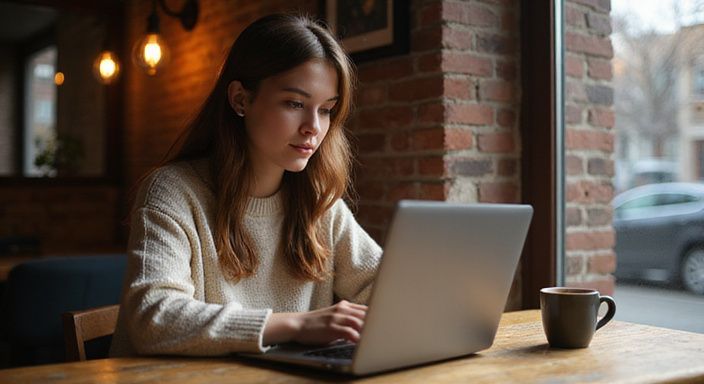 Een jonge vrouw leest aandachtig op haar laptop in een café op zoek naar sexcontact Wallonië.