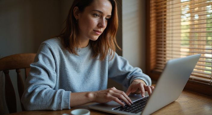 Een vrouw in een grijze trui werkt geconcentreerd achter een laptop.