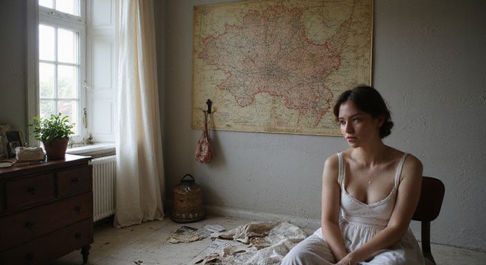 Een persoon zit in een rustige slaapkamer vol persoonlijke voorwerpen.