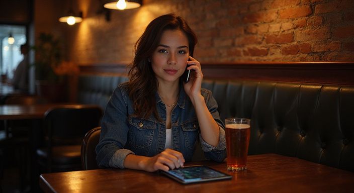 Een vrouw in een bar, telefonerend en op een tablet scrollend.