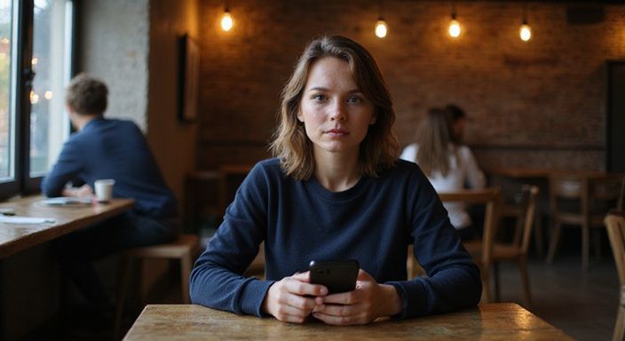 Een vrouw in een café, geconcentreerd op haar smartphone en wil sexcontact in Wallonië.