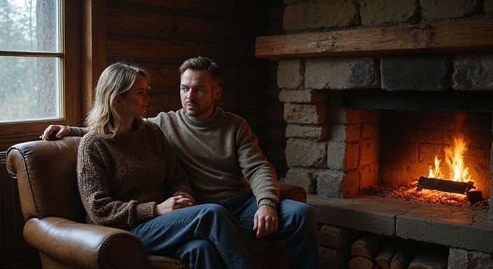 Een man en vrouw zitten samen in een gezellige chalet.