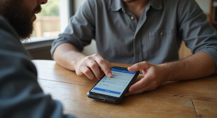 Een persoon zit ontspannen aan een tafel en gebruikt een smartphone.