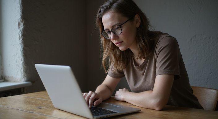 Een vrouw werkt geconcentreerd op een laptop aan een houten bureau zoekt naar sexcontact Wallonië.