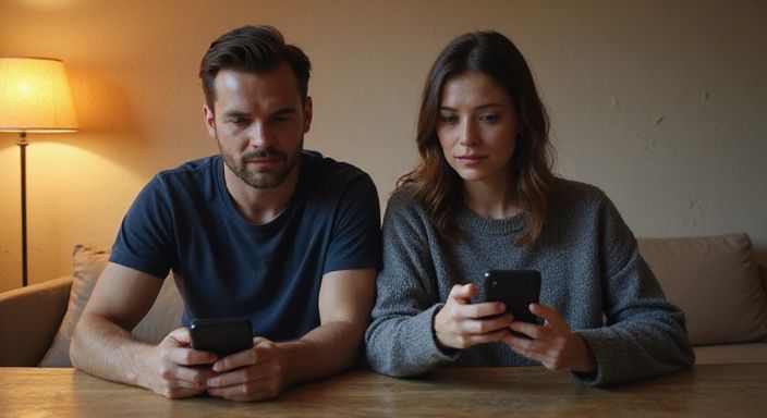 Een man en vrouw zitten ontspannen met hun telefoons aan een tafel. Een man en vrouw zitten ontspannen met hun telefoons aan een tafel en zoeken een discreet sexcontact.