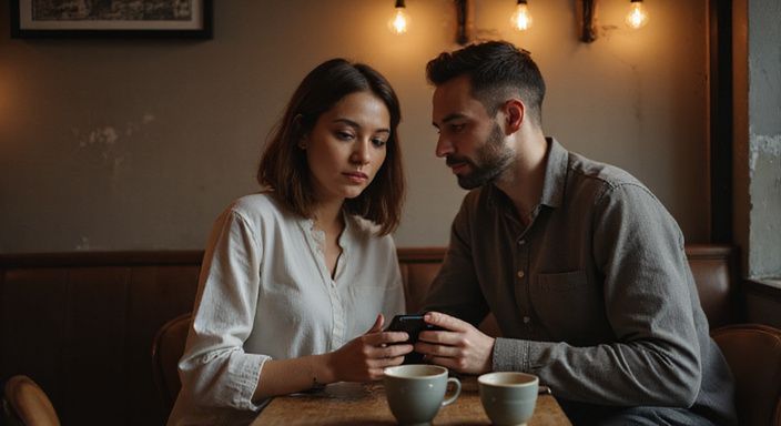 Een man en een vrouw delen een intiem gesprek in een café. Een man en een vrouw delen een intiem gesprek in een café.