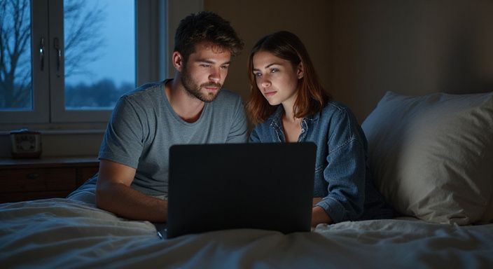 Een man en vrouw zittend op bed, gefocust op hun laptop. Een man en vrouw zittend op bed, gefocust op hun laptop.