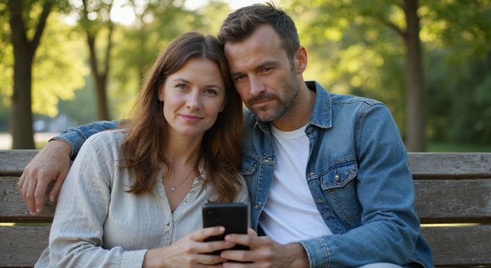 Een vrouw en man delen een smartphone op een bankje. Een vrouw en man delen een smartphone op een bankje.