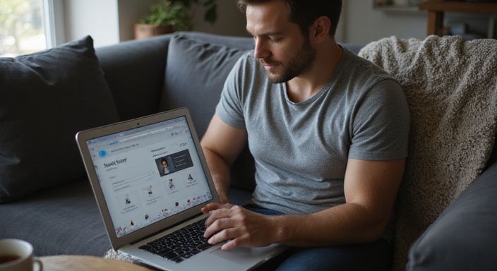 Een persoon in casual kleding gebruikt een laptop op een bank. Een persoon in casual kleding gebruikt een laptop op een bank.