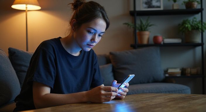 Een jonge vrouw zit op een bank en kijkt naar haar smartphone. Een jonge vrouw zit op een bank en zoekt op haar smartphone naar een discreet sexcontact.