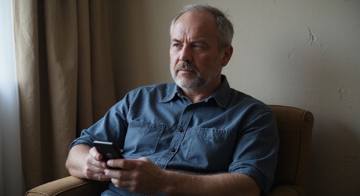 Een middeljarige man kijkt nadenkend naar zijn smartphone in een eenvoudige kamer. Een middeljarige man kijkt nadenkend naar zijn smartphone in een eenvoudige kamer.