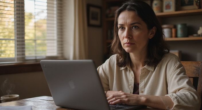 Een midden- leeftijd vrouw bekijkt geconcentreerd een datingsite op haar laptop. Een midden- leeftijd vrouw bekijkt geconcentreerd een datingsite voor discreet sexcontact op haar laptop.