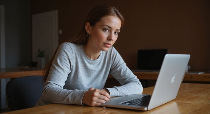 Een geconcentreerde vrouw leest een privacybeleid op haar laptop. Een geconcentreerde vrouw leest een privacybeleid op haar laptop.