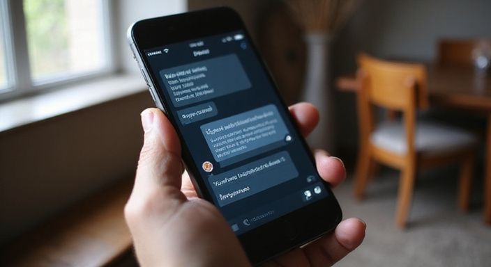 Een hand houdt een smartphone met een beveiligde chatapp. Een hand houdt een smartphone met een beveiligde chatapp.