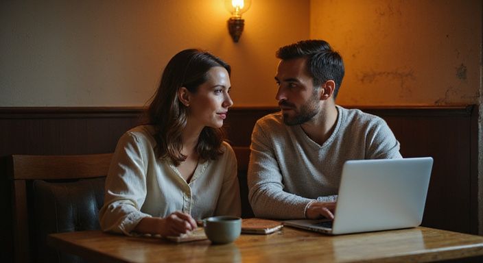 Een man en vrouw bespreken een advertentie in een restaurant. Een man en vrouw bespreken een advertentie in een restaurant.