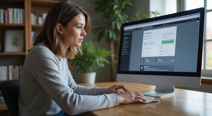 Een vrouw werkt geconcentreerd aan haar bureau met een computer. Een vrouw werkt geconcentreerd aan haar bureau met een computer.