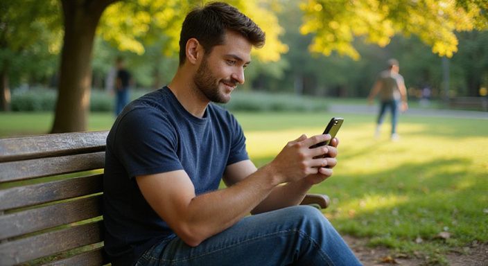 Een man op een parkbank, ontspannen en met een smartphone. Een man op een parkbank, ontspannen en met een smartphone.