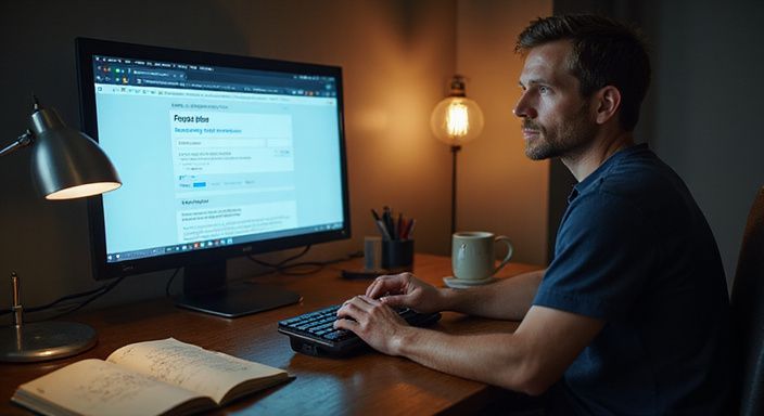 Een man werkt geconcentreerd aan zijn computer aan een bureau. Een man werkt geconcentreerd aan zijn computer aan een bureau.