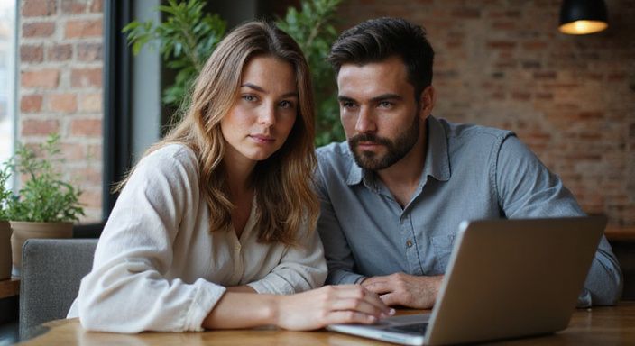 Een man en vrouw werken samen aan een laptop in een café. Een man en vrouw werken samen aan een laptop in een café.