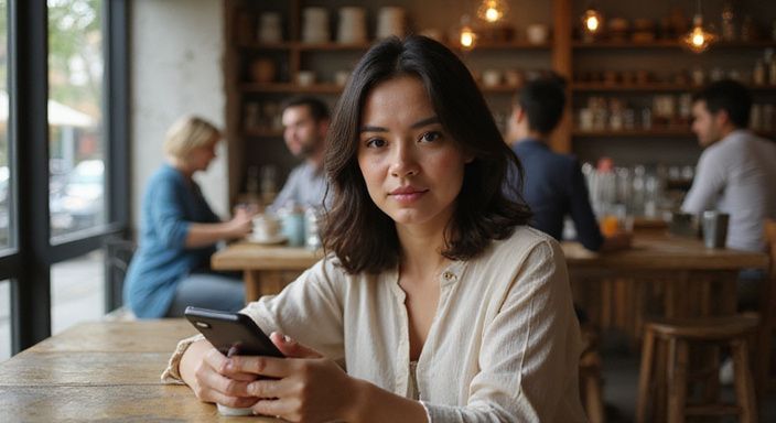 Een vrouw in een café, geconcentreerd op haar smartphone. Een vrouw in een café, geconcentreerd op haar smartphone wil milf sexcontact.
