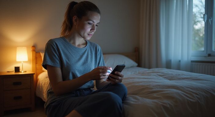 Een vrouw scrollt 's nachts door dating-apps op haar smartphone. Een vrouw scrollt 's nachts door dating-apps voor milf sexcontact op haar smartphone.