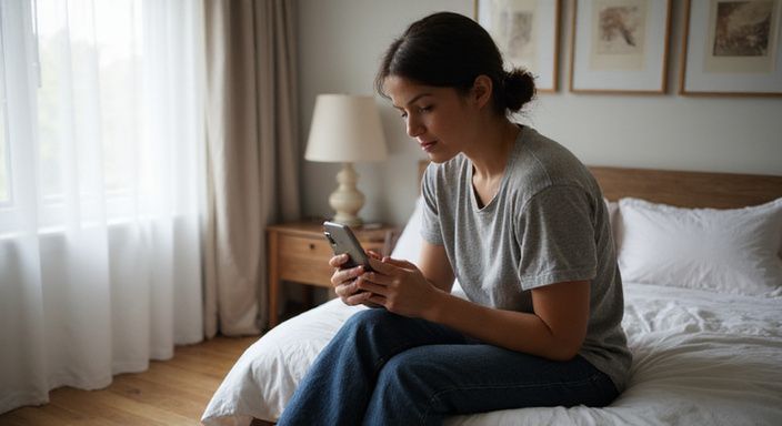 Vrouw scrollt op datingapp terwijl ze op bed zit. Vrouw scrollt op datingapp voor milf sexcontact terwijl ze op bed zit.