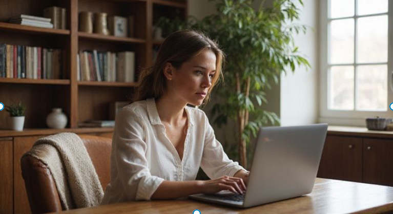 Een vrouw in een thuiskantoor, gefocust op haar laptop. milf sexcontact