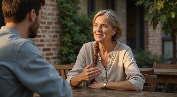 Een oudere vrouw en een jongere man hebben een intieme conversatie. Een oudere vrouw en een jongere man hebben een intieme conversatie over rijpe vrouwen willen sex.