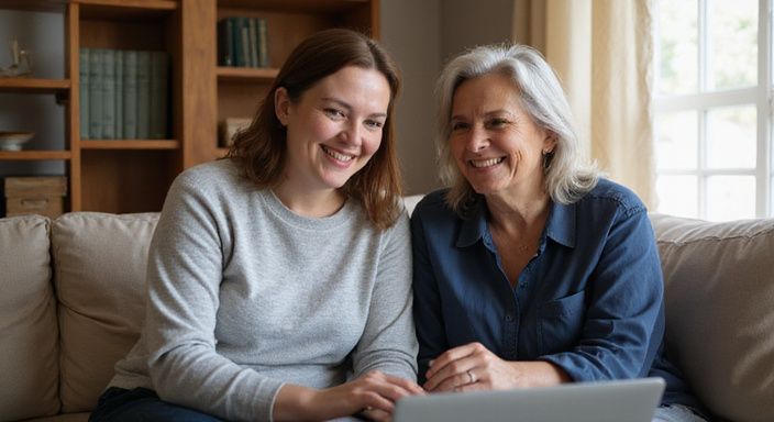 Twee vrolijke vrouwen lachen samen op een comfortabele bank. Twee vrolijke vrouwen lachen samen op een comfortabele bank.