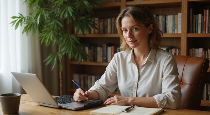 Een geconcentreerde vrouw werkt aan haar laptop in een gezellig kantoor. Een geconcentreerde vrouw werkt aan haar laptop in een gezellig kantoor.