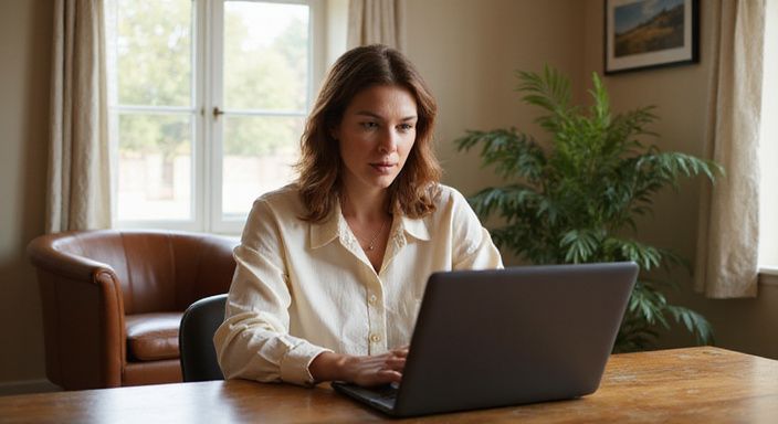 Een vrouw in de veertig leest gericht op een laptop. Een vrouw in de veertig leest over rijpe vrouwen willen sex op een laptop.