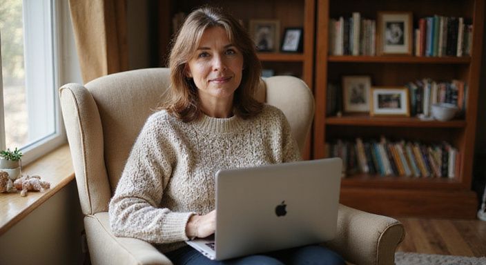 Een vrouw in een fauteuil verkent online dating na jaren van moederschap. Een vrouw in een fauteuil verkent online dating na jaren van moederschap.