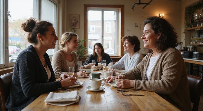 Vrouwen genieten van een warme, gezellige tijd in een café. Vrouwen genieten van een warme, gezellige tijd in een café.