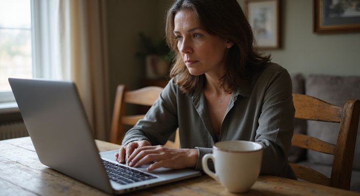 Een vrouw leest aandachtig online dating voorwaarden op haar laptop. Een vrouw leest aandachtig online dating voorwaarden op haar laptop.